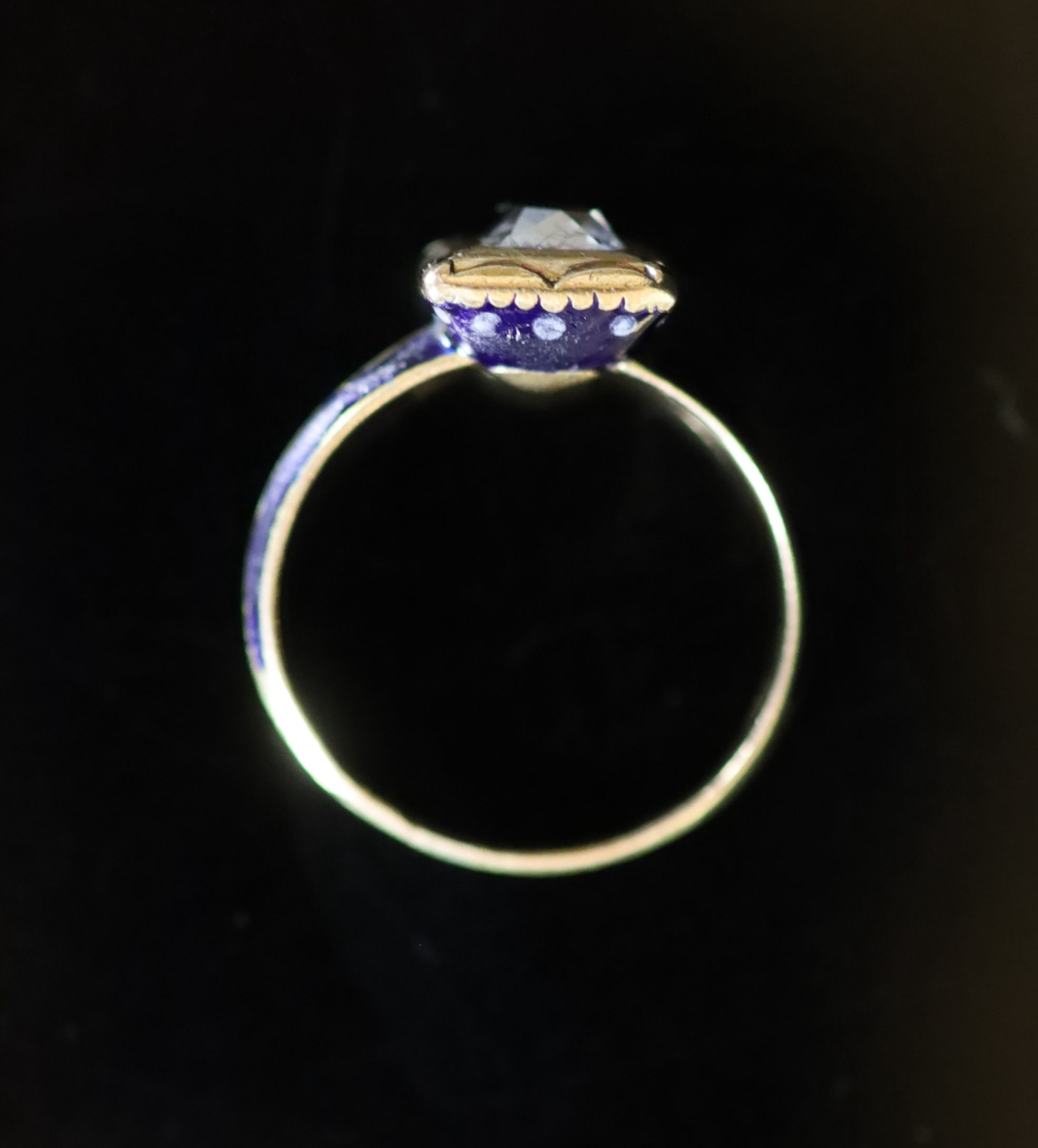 A 19th century gold, blue enamel and old mine cut diamond set ring